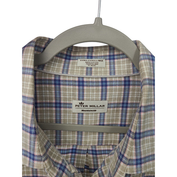 Peter Millar Button Down Shirt Mens XXL Beige Blue Flannel Mountainside Plaid - Picture 2 of 7